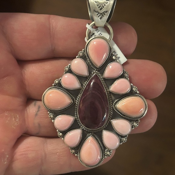 STERLING SILVER NATIVE AMERICAN SIGNED PINK CONCH PURPLE SPINY OYSTER PENDANT - Picture 7 of 9